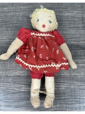 Vintage Handmade Cloth Rag Doll 8.5” Red Dress Yarn Hair Primitive Folk Art Toy